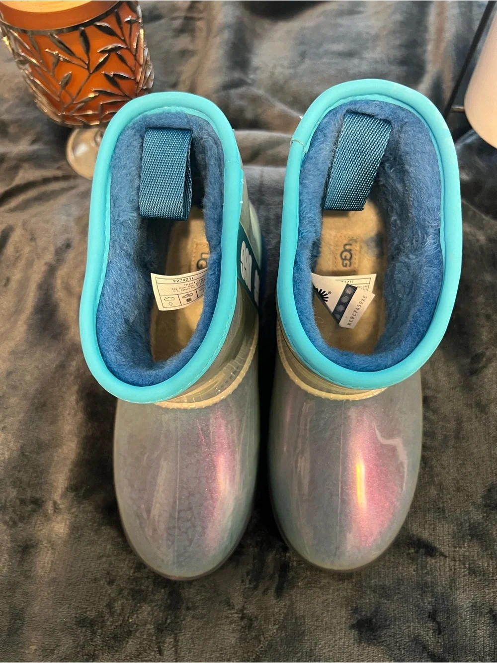 UGG Kids Iridescent Teal-Trim Short Rain Boots